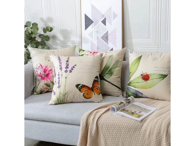  Lot de 4 housse de coussin - lot de 4 45 x 45 cm insectes et plantes motif canapé taie d'oreiller pour patio jardin salon chambre décoration, beige  - Conforama C