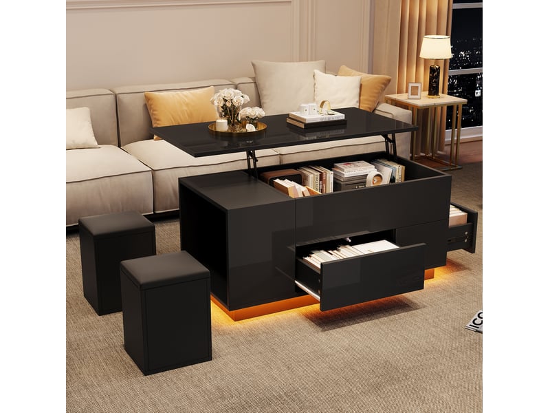  Table basse relevable avec led – 100 x 50 x 45 cm – 2 tiroirs et 2 tabourets – noir  - Conforama B