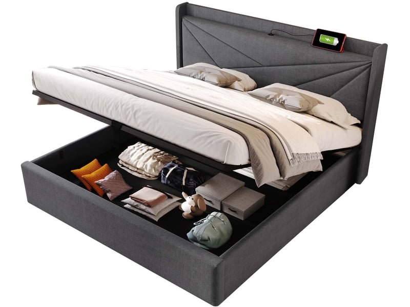 Cadre De Lit Coffre 180x200 Cm Avec Sommier - Rangement Hydraulique - Port USB Et Recharge Sans Fil - Gris Lin