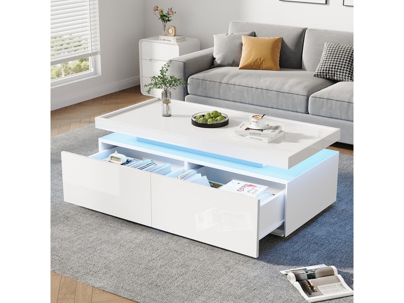  Table basse blanche brillante 95x45x35 cm, table de salon avec led et 2 tiroirs, design moderne  - Conforama C