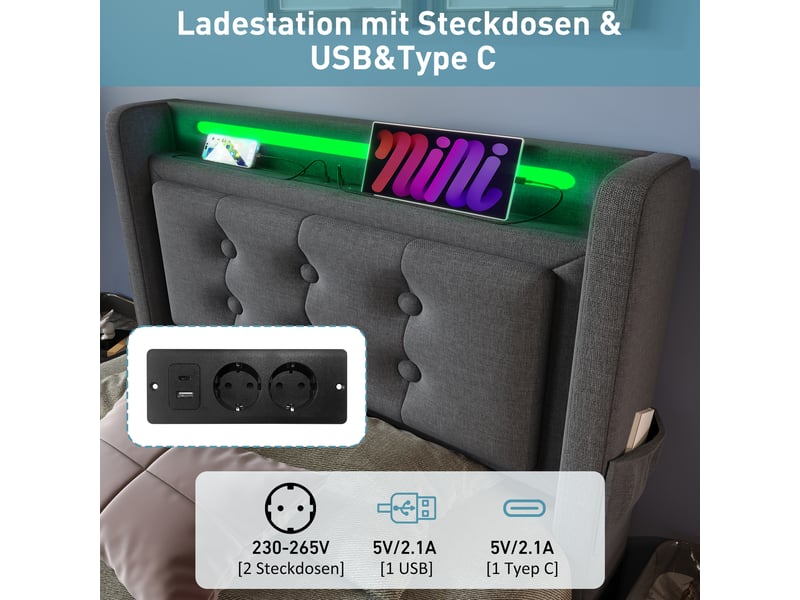  Lit coffre enfant 90x200 cm avec led, port usb type-c, cadre en métal et sommier, coton lin, gris, sans matelas  - Conforama R