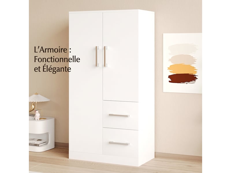  Armoire enfant blanche 2 portes avec tiroirs, 70x40x135 cm, meuble de rangement chambre  - Conforama B
