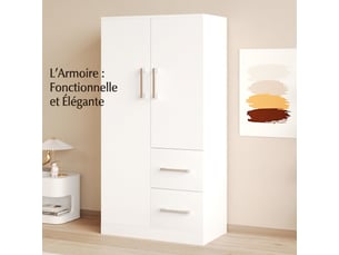 Armoire enfant blanche 2 portes avec tiroirs, 70x40x135 cm, meuble de rangement chambre