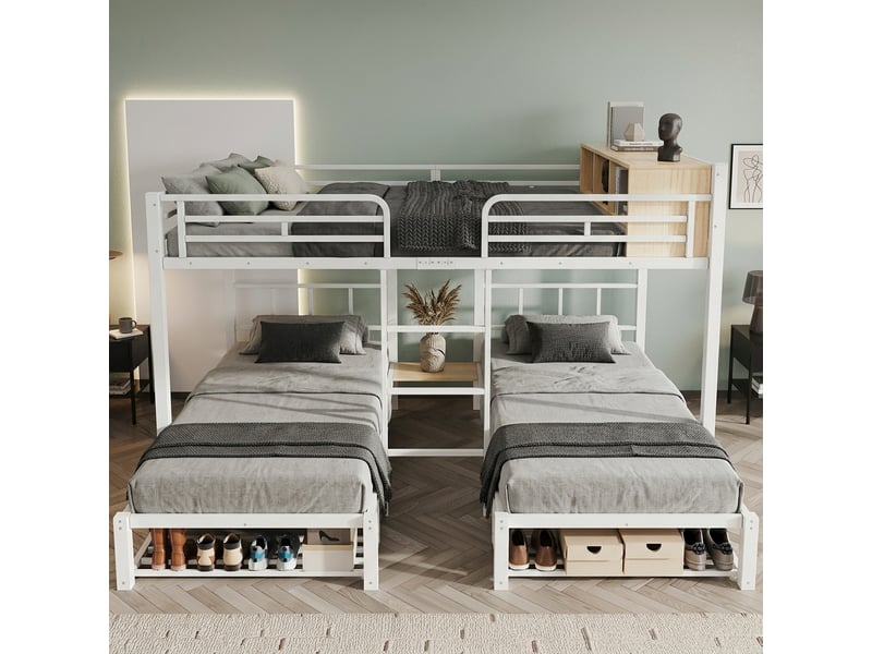  Lit superposé familial en métal, 140 x 200 cm + 2 x 90 x 200 cm, 3 couchages, étagère et rangement chaussures, blanc evarich - Conforama E