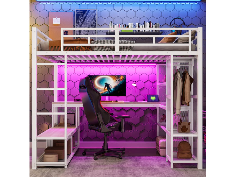  Lit mezzanine 140x200 cm en métal et mdf, bureau, led, usb et penderie, blanc  - Conforama D