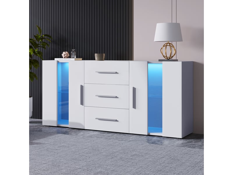  Meuble tv 140 cm 2 portes acryliques 3 tiroirs avec led blanc  - Conforama B