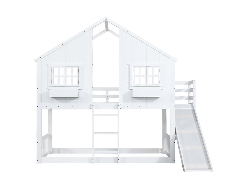  Lit superposé enfant 90x200 cm – blanc – cabane avec toboggan, échelle 3 marches et barrières sécurisées  - Conforama D