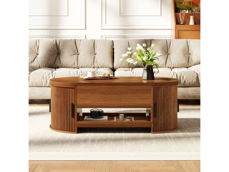 Table basse avec fonction de levage, table de salon avec espace de rangement dissimulé, console moderne avec structure rainurée, portes latérales coulissantes et espace de rangement pratique, table basse multifonctionnelle - Conforama B