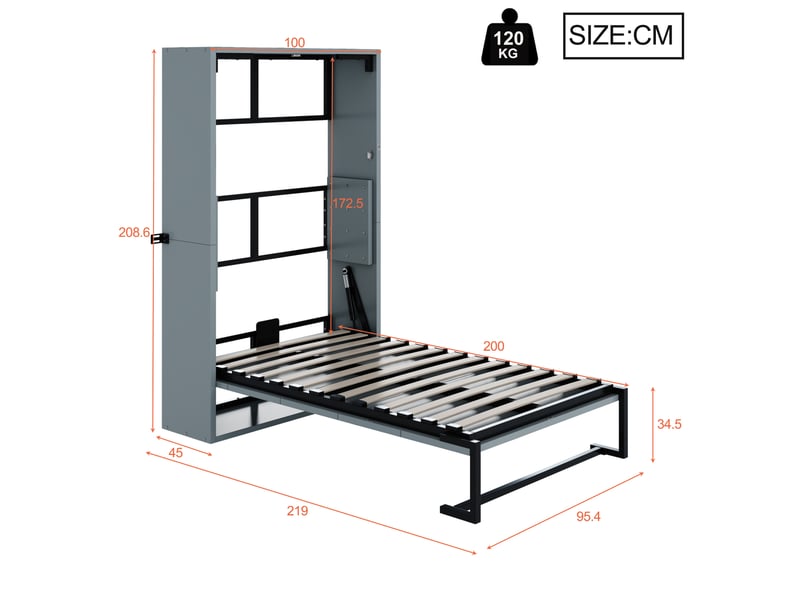  Lit escamotable lit simple, verrouillage mural, pliage vertical, structure silencieuse, 90×200 cm, sans matelas  - Conforama D