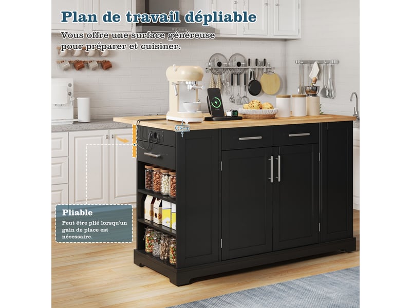 Îlot central de cuisine extensible noir 138x86x92cm réglable roulettes usb et prise rangement mdf cuisine rangement pratique moderne - Conforama C