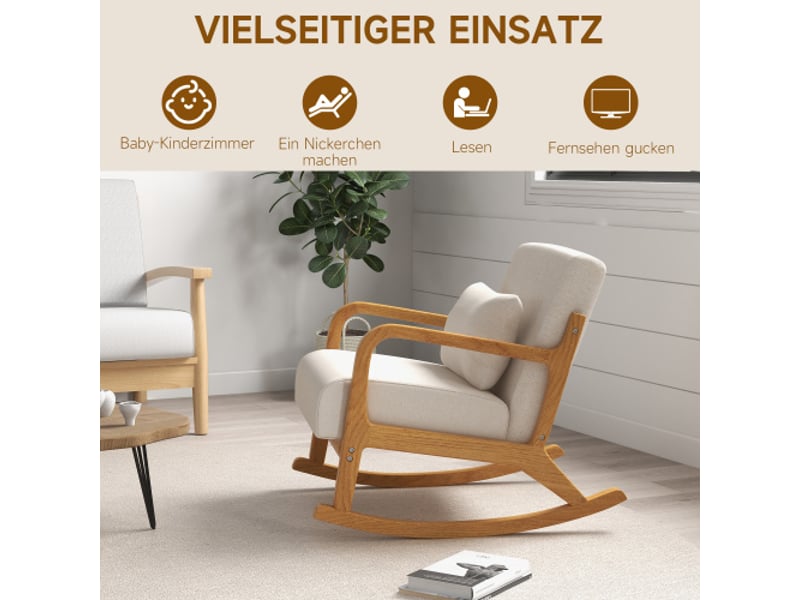  Fauteuil à bascule crème rembourré avec cadre en bois et accoudoirs, pour salon et chambre  - Conforama D