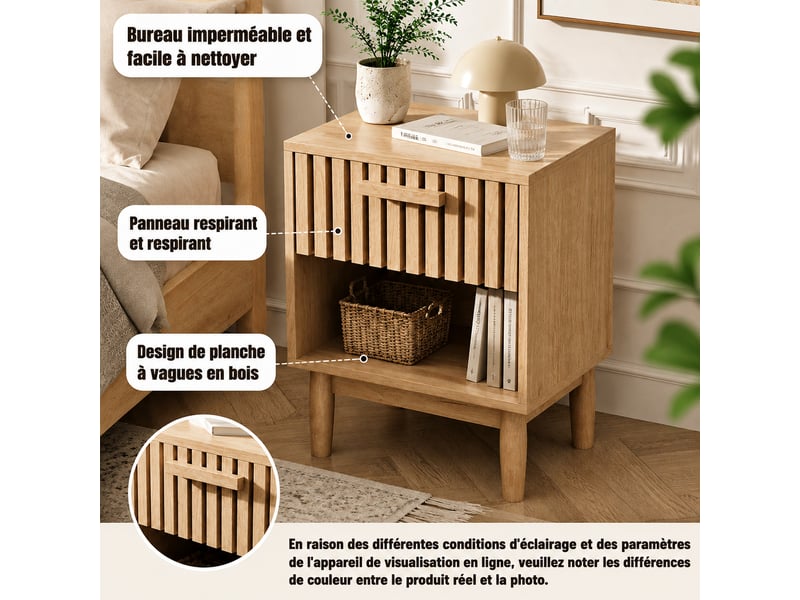  Lot de 2 table à chevet bois-1 tiroir et compartiment-bois massif - table d'appoint - 40 x 35 x 55 cm  - Conforama R