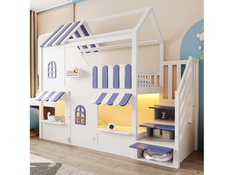  Elvmi lit superposée enfant 90x200 cm en bois, style maison avec toit, fenêtres, porte ouvrante, échelle de rangement, led multicolores, étagères, blanc et bleu  - Conforama B