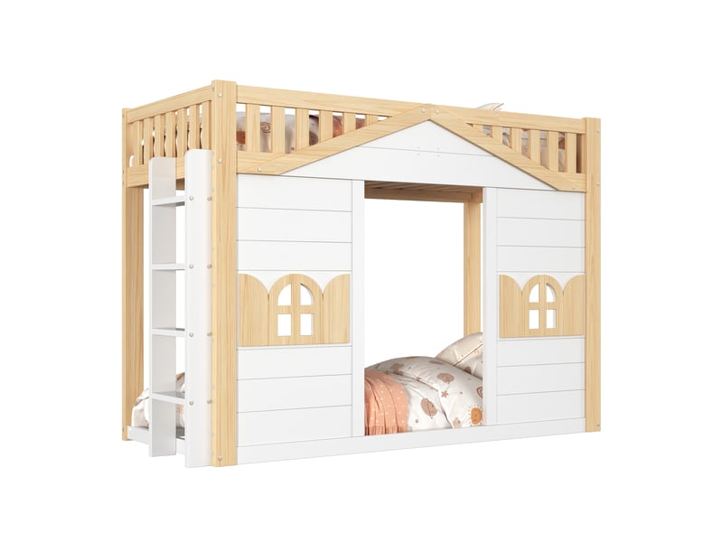 Lit mezzanine pour enfants en bois massif forme maison de 90 × 200 cm, avec fenêtres ; l’espace inférieur peut servir de lit ou de zone de jeu, blanc et ton bois naturel - Conforama A