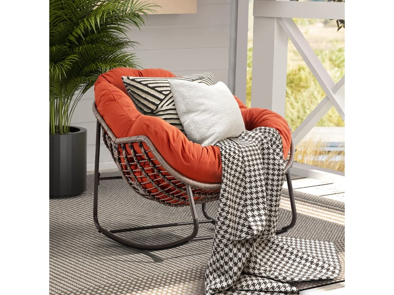  Cocon - fauteuil à bascule en rotin naturel - forme œuf et coussin orange - confortable pour salon, véranda ou chambre  - Conforama B