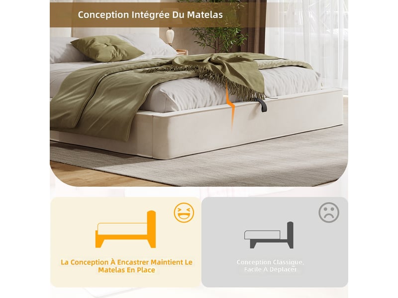  Lit coffre 180x200 cm beige velours avec sommier et tête de lit capitonnée et coffre hydraulique  - Conforama E