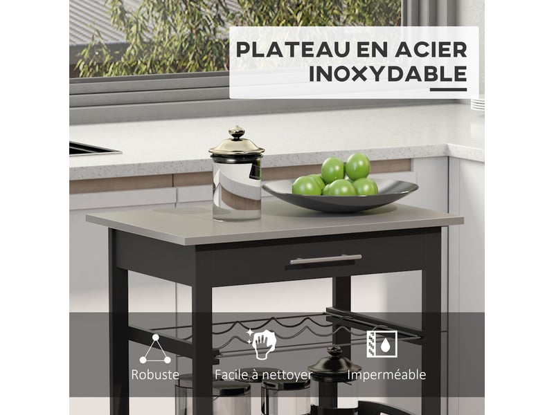  Chariot de service desserte de cuisine table roulantes avec étagère rangement bouteille 60l x 40l x 85h cm noir plateau en acier inox.  - Conforama R