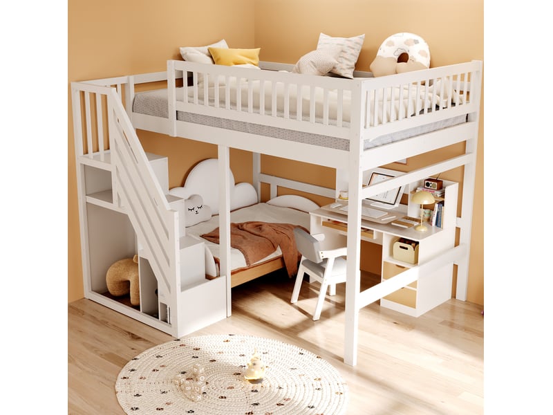 Lit mezzanine enfant 140x200 cm – blanc – escalier de rangement et garde-corps haut - sans matelas - Conforama B