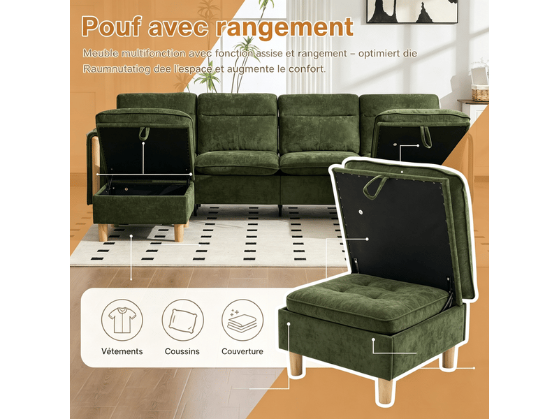  Canapé d'angle 3 places, avec 2 pouf de rangement, 261x77x86cm, vert  - Conforama E