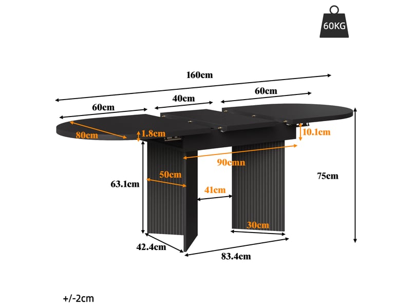 Table à manger extensible 120-160x80 cm - table ovale pour cuisine et salon, mdf noir - Conforama C