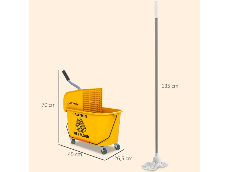  Chariot de ménage chariot de lavage essoreuse latérale seau 20 l, poignée et serpillère, jaune, 45 x 26,5 x 70 cm  - Conforama C