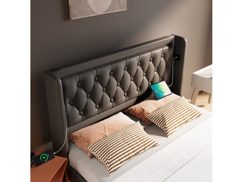  Lit double 160x200 cm en pu noir, coffre hydraulique, tête de lit capitonnée, led 3 côtés et usb type-c  - Conforama E