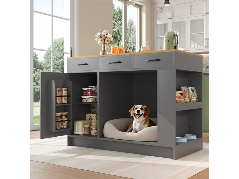  Îlot de cuisine gris et naturel desserte de cuisine avec 3 tiroirs et espace animal 120x60x90 cm  - Conforama D
