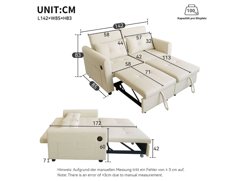 Canapé convertible 2 places 3 en 1 avec dossier réglable, fonction couchage, ports usb, poches d’accoudoirs et 2 coussins - beige  - Conforama D