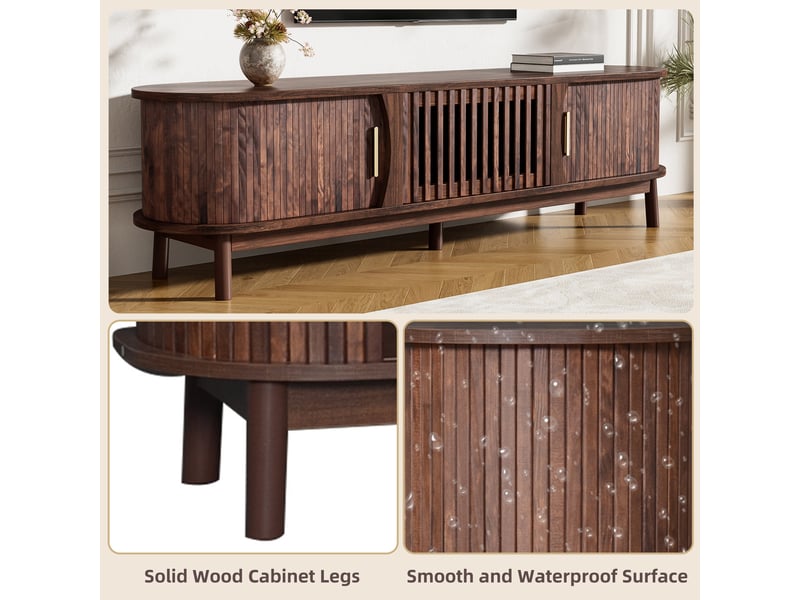 Meuble tv bas en mdf de 165 cm, meuble tv marron pour télévision jusqu'à 65 pouces, portes coulissantes et porte rabattable  - Conforama W
