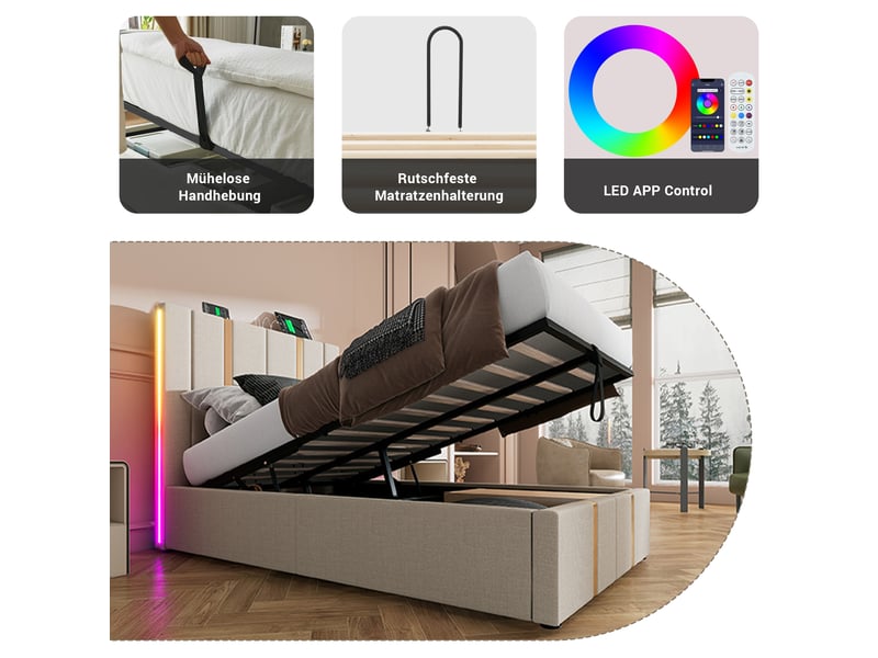  Lit coffre 90x200 cm - lit simple rembourré avec éclairage led et usb type-c - textile en lin - matelas inclus - beige  - Conforama D