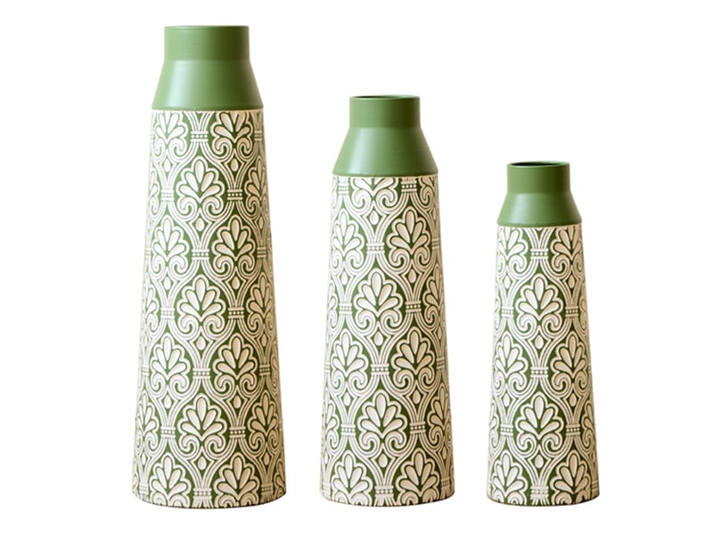  Lot de 3 vases de sol 61,5, 51 et 43,5 cm verts en métal, motif rétro pour fleurs séchées et pampas  - Conforama A