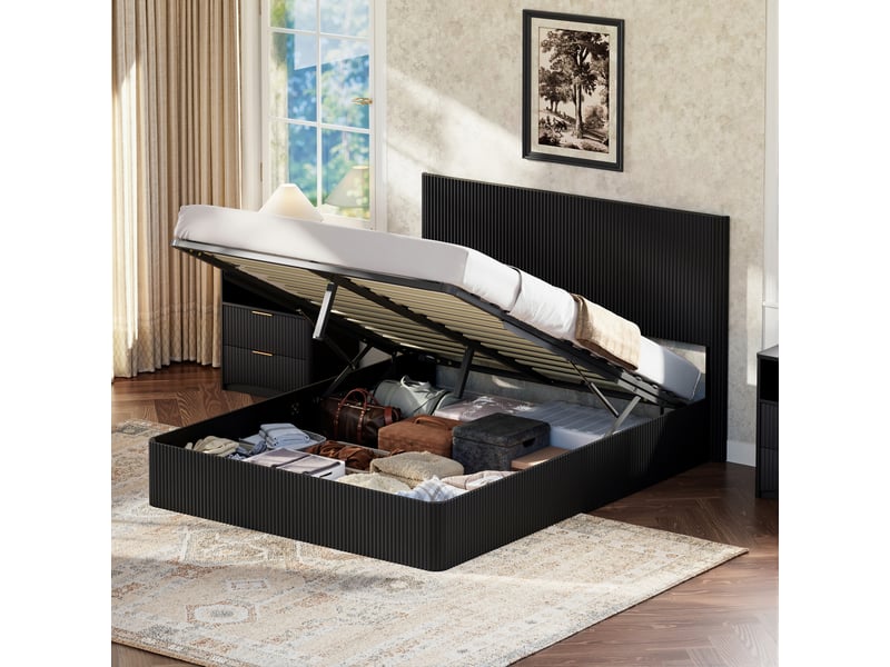 Lit coffre 160 x 200 cm,avec levage hydraulique, bois massif, noir - Conforama C