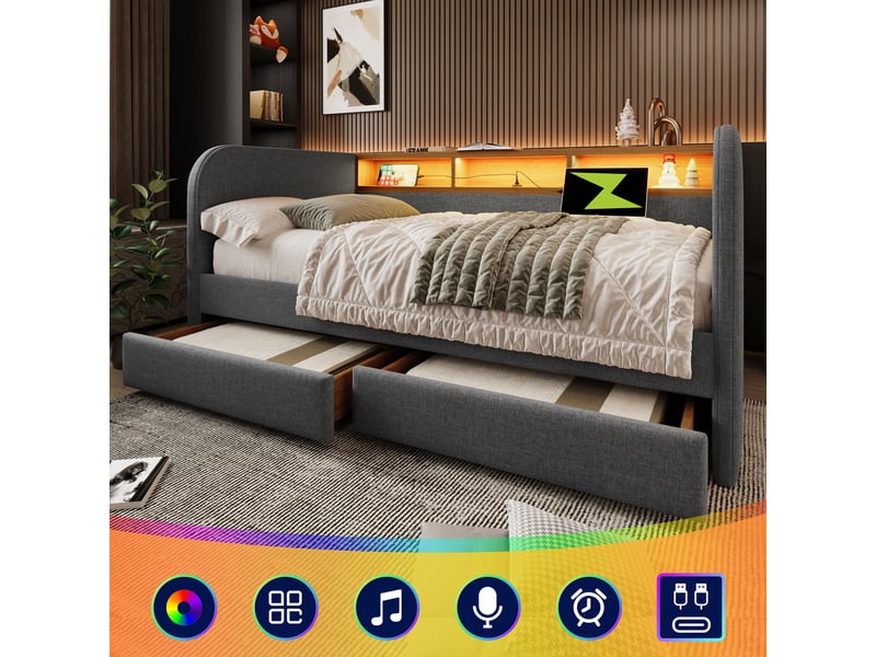  Lit capitonné 140x190 cm en lin gris, lit avec led et usb, tête de lit avec rangement et 2 tiroirs  - Conforama D