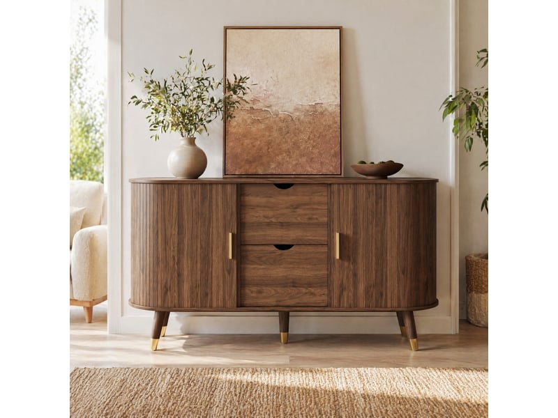  Buffet bas en mdf effet noyer – 2 portes coulissantes, 2 tiroirs et étagères – 140 cm  - Conforama B