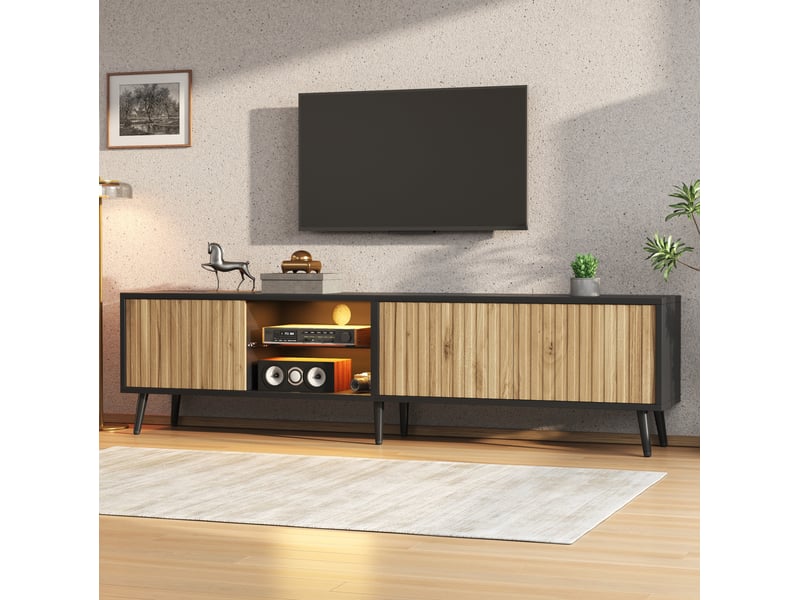  Meuble tv ulevr led avec rangement 175 x 31 x 43,5 cm, 3 portes, jusqu’à 75 pouces, panneau de particules, bois naturel et noir  - Conforama B