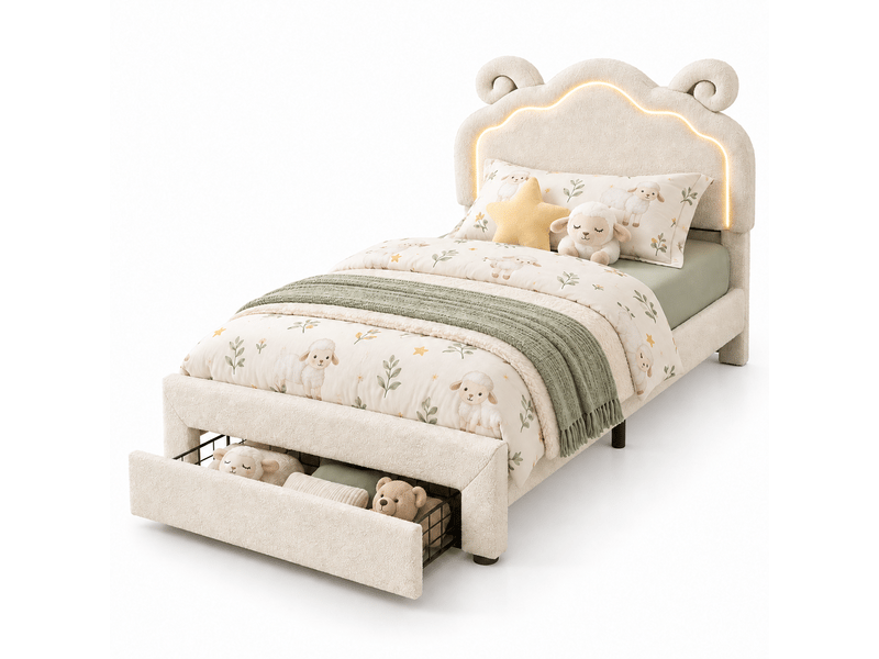 Lit enfant 90x200 cm en teddy bouclé beige - tête de lit en forme de mouton - led 7 couleurs avec application et télécommande - grand tiroir de rangement intégré - sommier à lattes en bois inclus - lit 1 place pour fille, garçon… - Conforama A