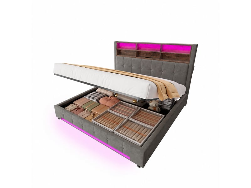 Lit coffre avec mécanisme hydraulique, velours, tête à 6 compartiments, usb-c et led, gris foncé, 180 x 200 cm - Conforama A