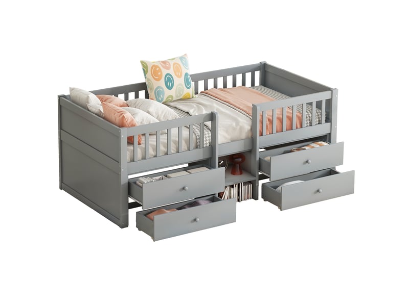 Lit mi-hauteur gris 90x200 cm avec 4 tiroirs de rangement, échelle et barrière, structure en bois de pin, style minimaliste pour chambre d'enfant. - Conforama A