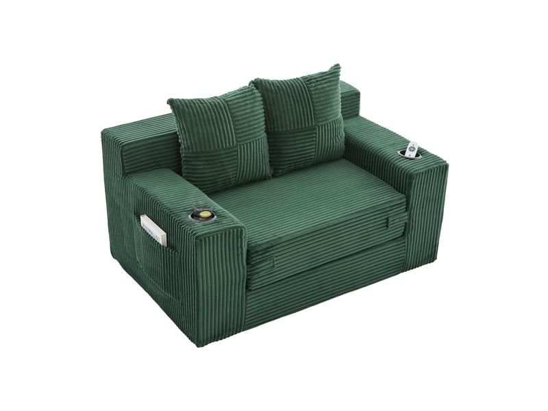  Canapé-lit 2 places 133x87 cm – vert émeraude – velours côtelé, poches latérales et porte-gobelets  - Conforama A