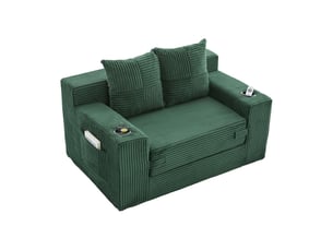 Canapé-lit 2 places 133x87 cm – vert émeraude – velours côtelé, poches latérales et porte-gobelets