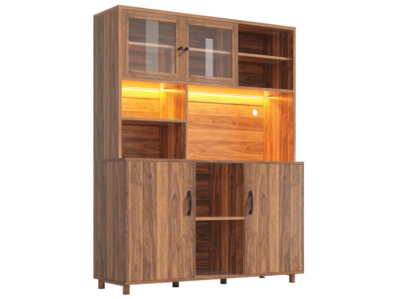  Buffet haut 140 x 40 x 185 cm noyer, mdf et verre, rangement avec led pour cuisine, salon ou salle à manger  - Conforama D