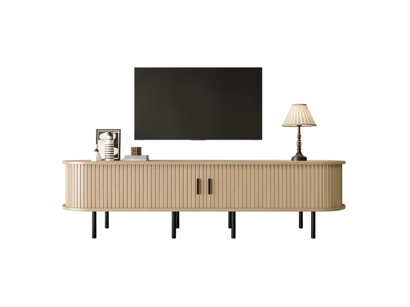  Meuble tv elliptique rainuré avec portes coulissantes, 2 compartiments ouverts, meuble média pour salon, mdf, pieds en métal, bords arrondis, design moderne  - Conforama A