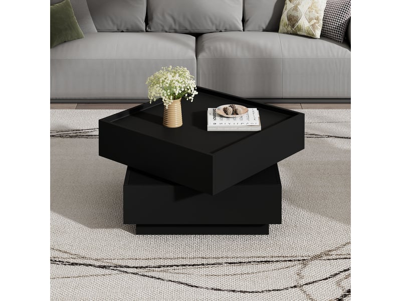 Table basse rotative 360° noire 60x60 cm avec 2 tiroirs de rangement pour salon - Conforama R