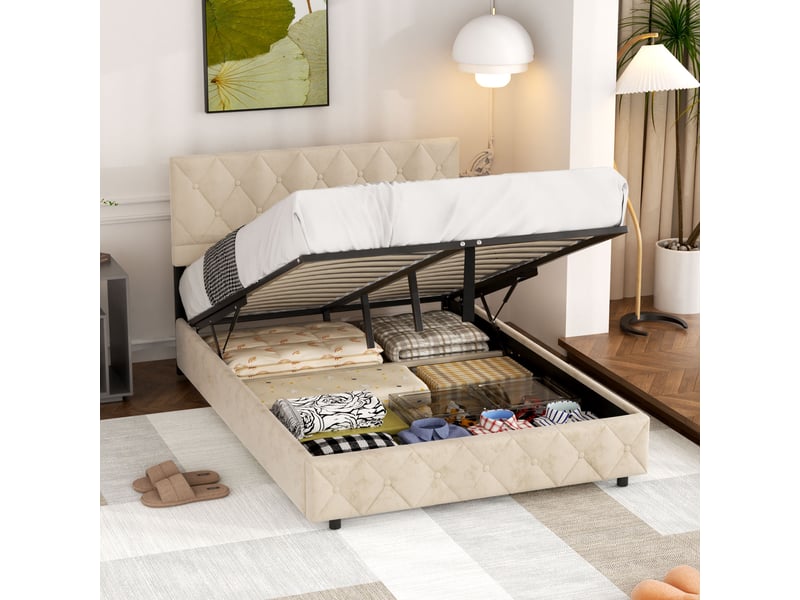  Lit coffre ulevr rembourré 140 x 200 cm en velours beige avec sommier à lattes  - Conforama E