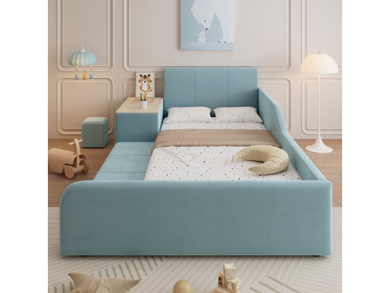  Modenvie lit enfant 90x200 cm - avec bureau latéral, tabouret et rangements - sans matelas - bleu  - Conforama E
