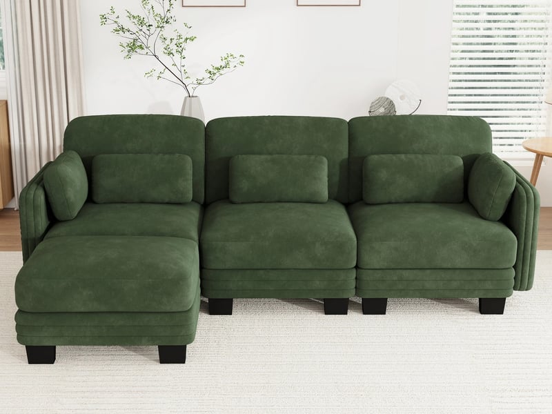 Canapé d'angle moderne ,3 places, coussins lombaires et d'accoudoir inclus ,253x143x88cm,vert - Conforama B