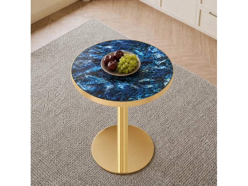  Table d’appoint ronde 60 cm effet marbre bleu, métal doré, hauteur 74 cm  - Conforama D