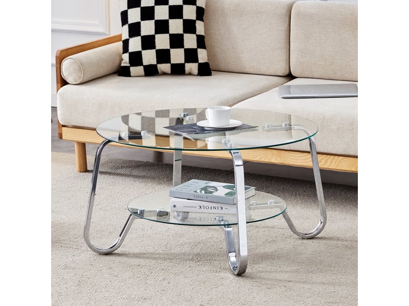  Table basse en verre trempé - style rétro minimaliste - cadre en métal argenté - plateaux en verre trempé 80x80x45cm - Conforama E