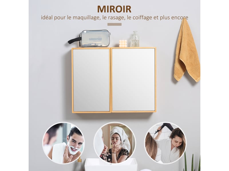  Armoire murale de salle de bain avec miroirs et 2 portes en bambou 65,2 x 14 x 50 cm  - Conforama R