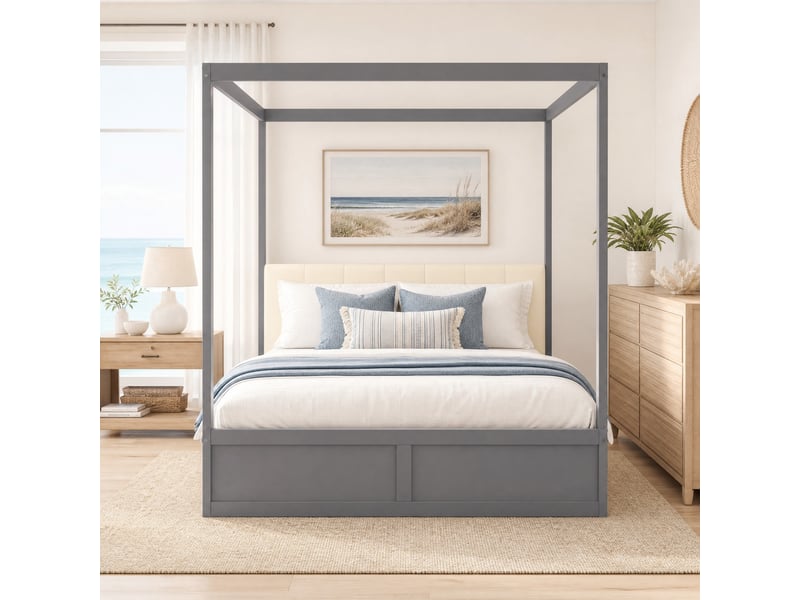  Lit baldaquin enfant 140 x 200 cm gris avec 2 tiroirs et tête de lit rembourrée  - Conforama C
